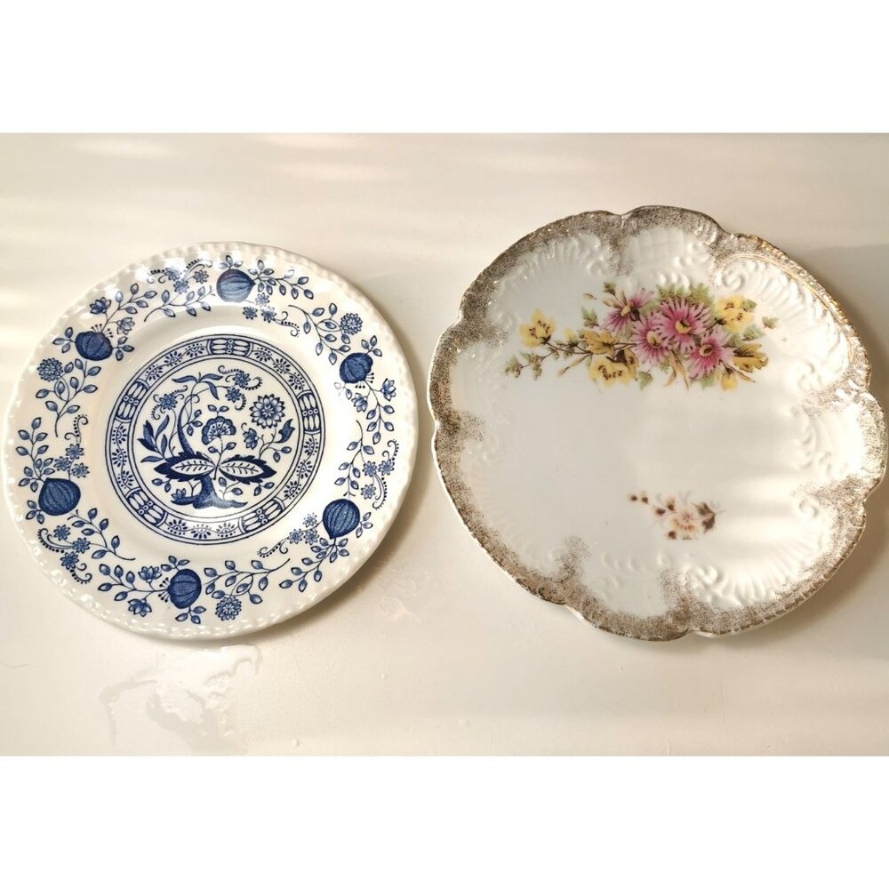Vintage Plates 2: Enoch Wedgewood Tunstall blue onion 6 1/8", Porcelain 6 3/4"